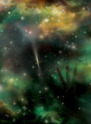 伽马射线暴:最强大爆发 如光柱穿透宇宙尘埃