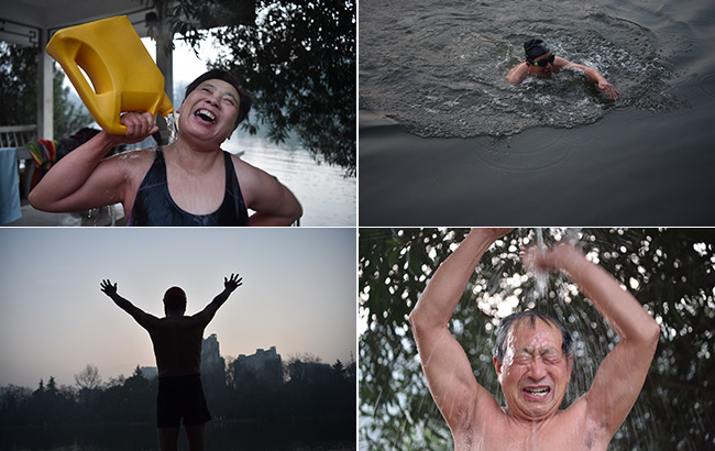 新年第一天，晨曦中快樂的冬泳老人