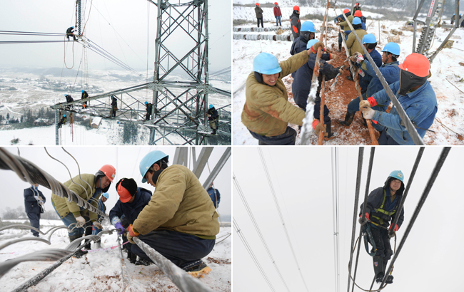 冰雪中搶修，在60米的高空