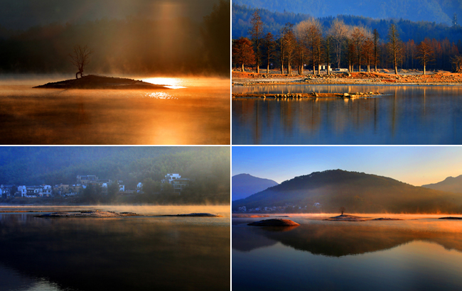 平湖青山倒影 晨曦晨霧夢境