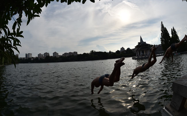 戲水日落間 隨影入池塘